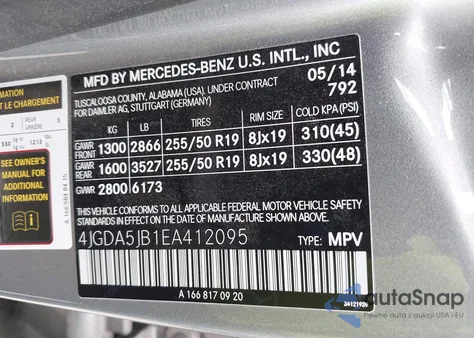 2014 Mercedes-Benz Ml 350 from USA, damaged, VIN 4JGDA5JB1EA412095